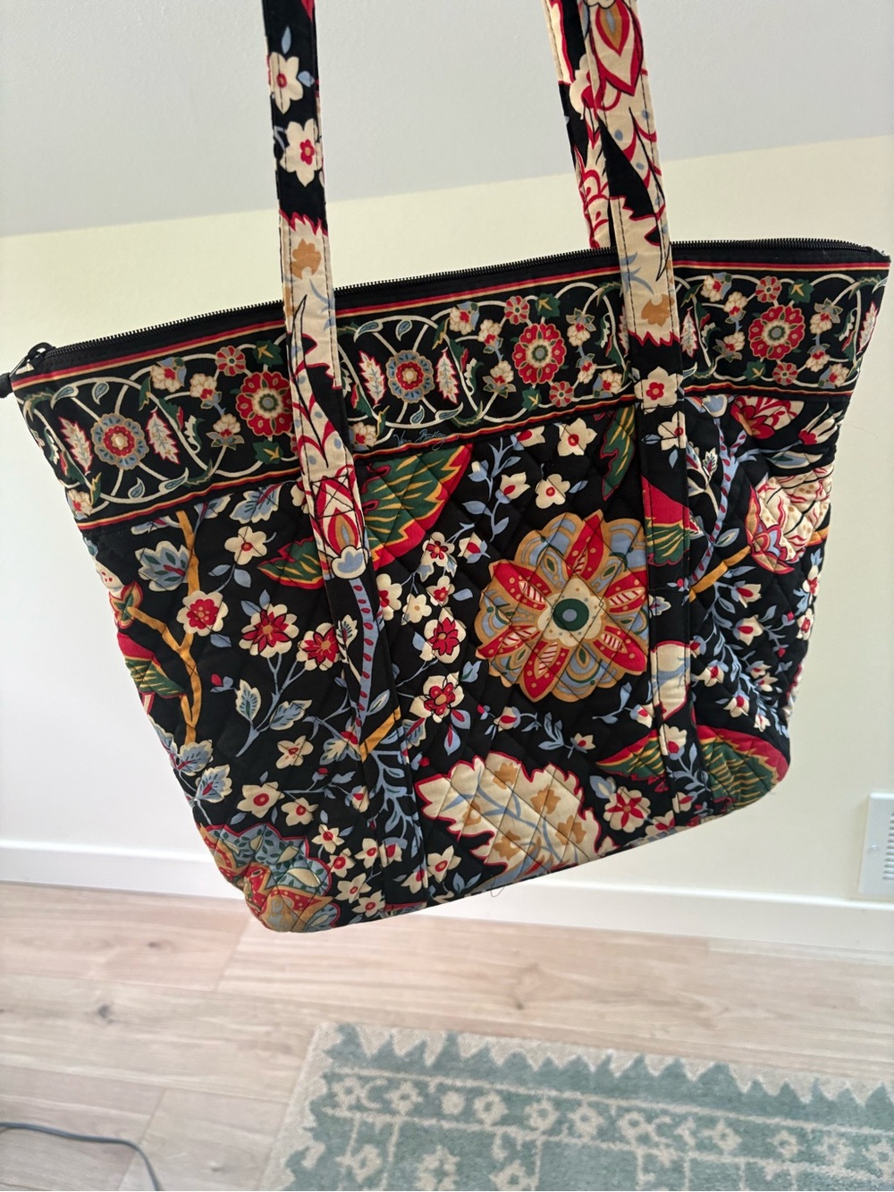 Vera Bradley Black Quilted Floral Tote with Red and Cream Accents